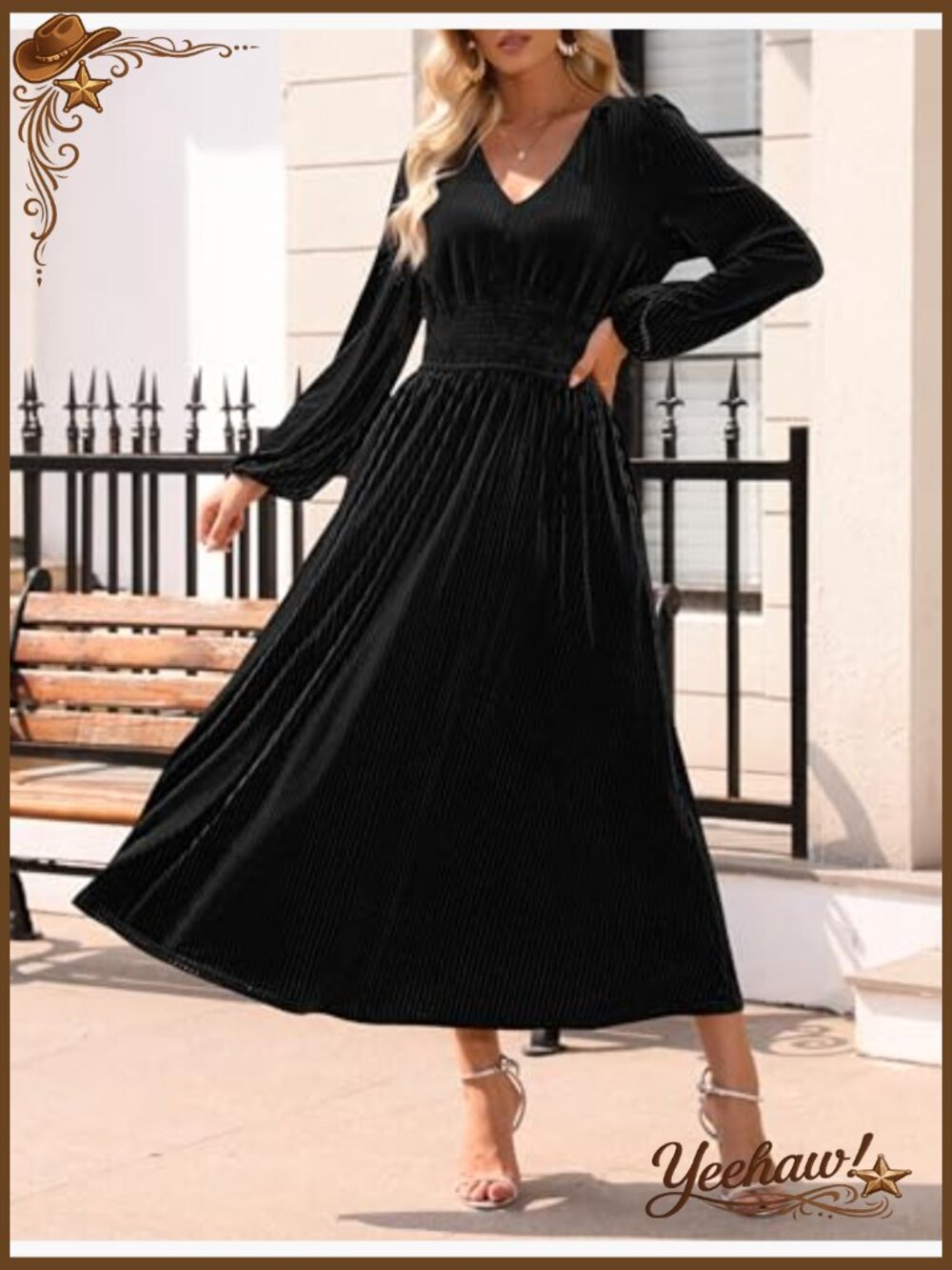 Velvet Midi Dress Long Sleeve V Neck Elastic Waist Flowy Formal Evening - Picture 3 of 7